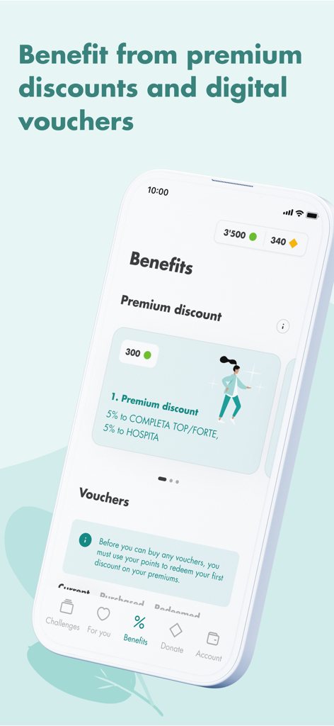 SWICA Benevita app screen showing insurance premium discounts and digital vouchers