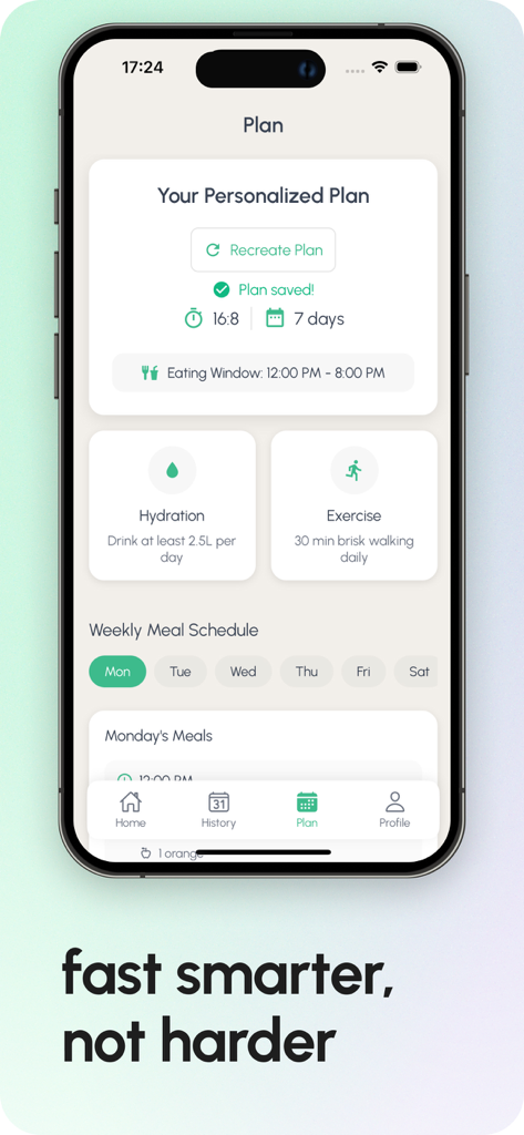 Interfaz de la app FastFlow que muestra un plan de ayuno 16-8 personalizado con objetivos de hidratación y ejercicio.
