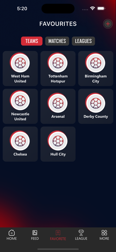 Hola Football Live - Pantalla de favoritos de la aplicación Hola Football Live que muestra una cuadrícula de equipos de fútbol seleccionados, incluidos Arsenal, Chelsea y Tottenham Hotspur