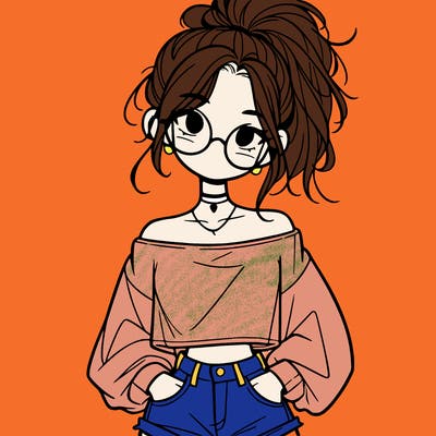 girl with a messy ponytail glasses a baggy crop top and jean shorts