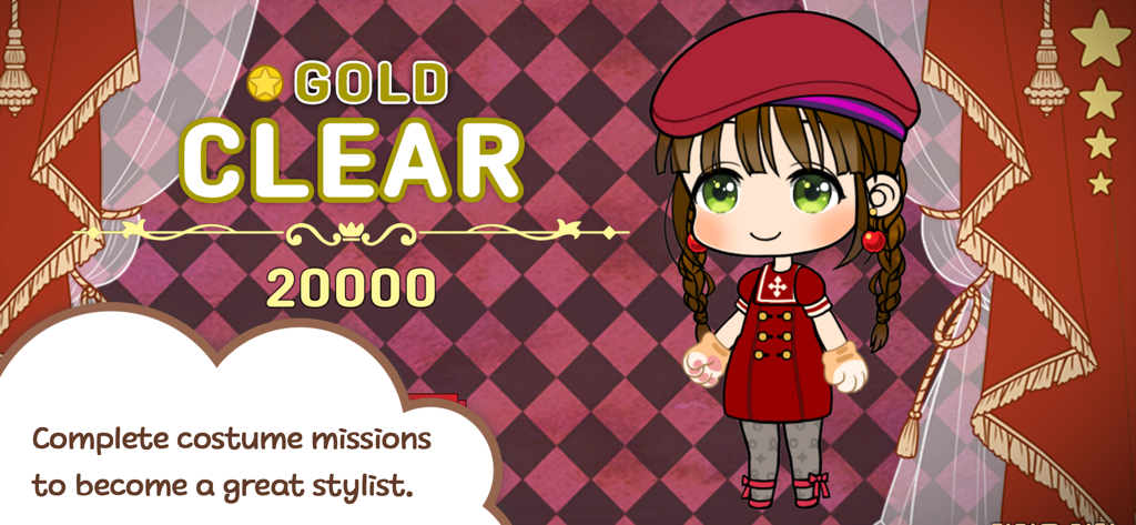 Character Life: Anime Dress up - Anime-Charakter in einem roten Kleid auf einer Bühne nach Abschluss einer Gold-Clear-Mission