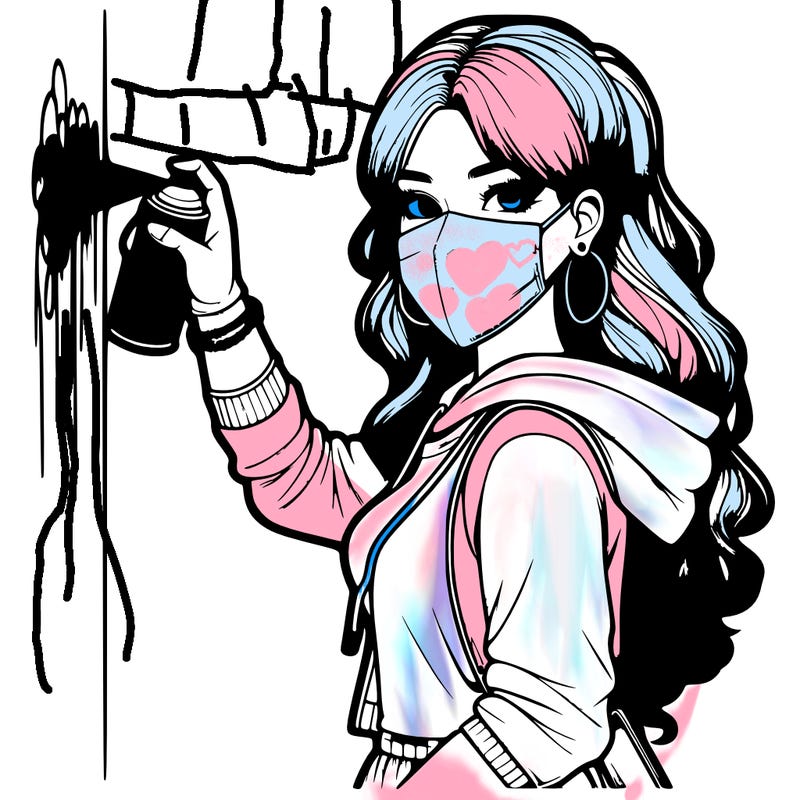 realistic girl with mask spray painting a wall