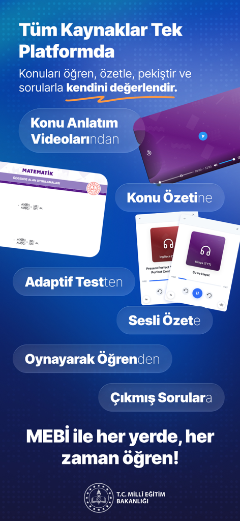 강의 영상, 과목 요약, 적응형 테스트를 포함한 다양한 교육 자료를 보여주는 MEBİ 학습 플랫폼 인터페이스