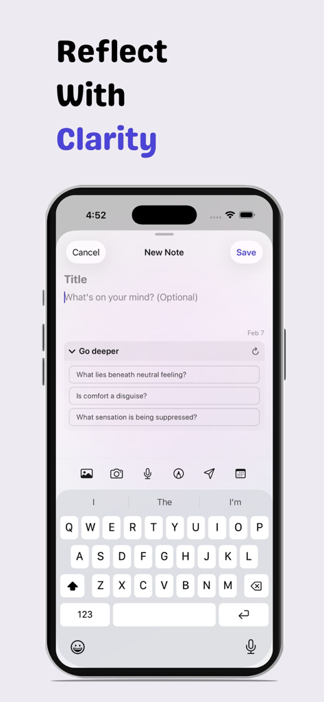 Emotica: Mood Tracker & Diary - Emotica app screen displaying AI-powered journal prompts for deeper emotional reflection.