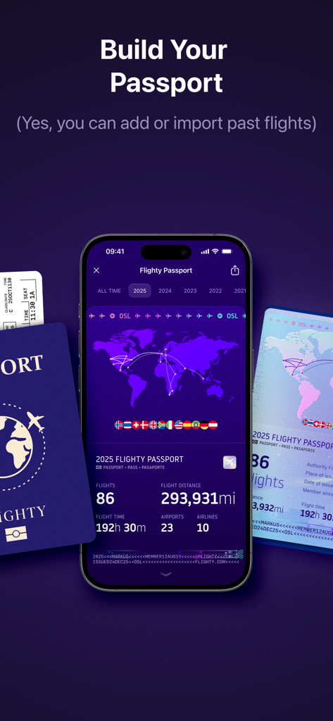 Flighty app interface displaying a digital passport with flight statistics and a world map tracking travel history
