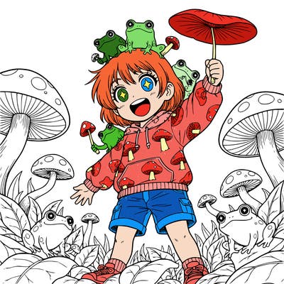 a girl with short hair and mushrooms and frogs lea