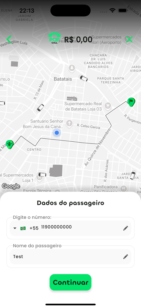 POP call - pedidos em massa - POP call mobile application screen displaying a delivery route on a map with a form for passenger data entry