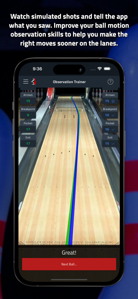 Tenpin Toolkit: Bowling Tools - Tenpin Toolkit Observation Trainer interface showing a simulated bowling ball path and trajectory data