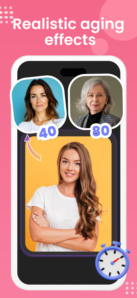 AI Face Aging - Future You - A phone screen demonstrating AI face aging effects showing a woman at age 40 and 80