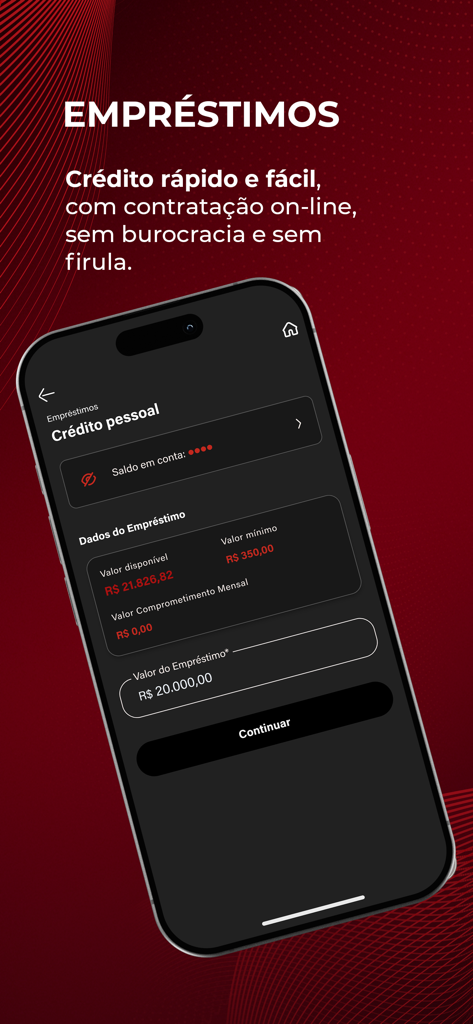 Nação BRB FLA: Banco da Nação - Personal loan application interface of the Nação BRB FLA mobile app featuring a dark red and black design