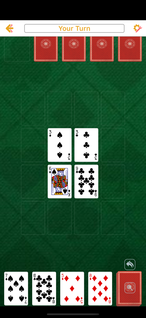 Pocket Cassino - Pocket Cassino mobile card game interface showing cards on a green table during a match