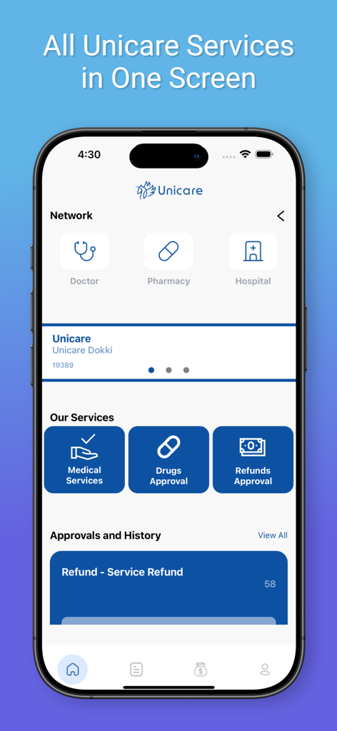 Unicare Egypt - Unicare Egypt mobile app dashboard displaying healthcare network and service options