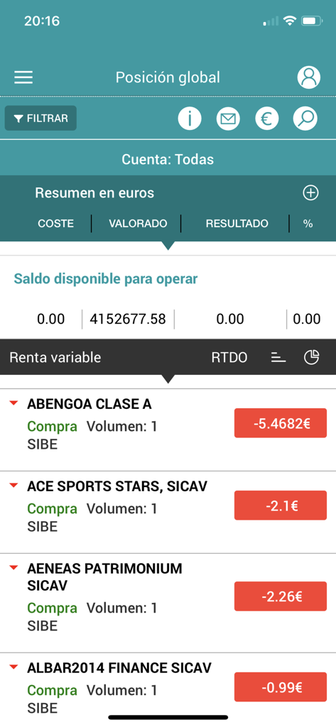 GVC Gaesco App - Interfaz de la App GVC Gaesco mostrando la pantalla de posición global con cartera de acciones y saldo de cuenta en euros