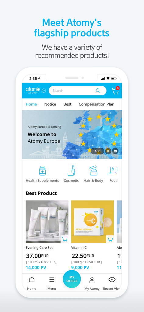 [Official] Atomy shop - 公式アトミショップアプリのインターフェース。PVポイント値が表示された主力製品（健康・美容）が表示されています。