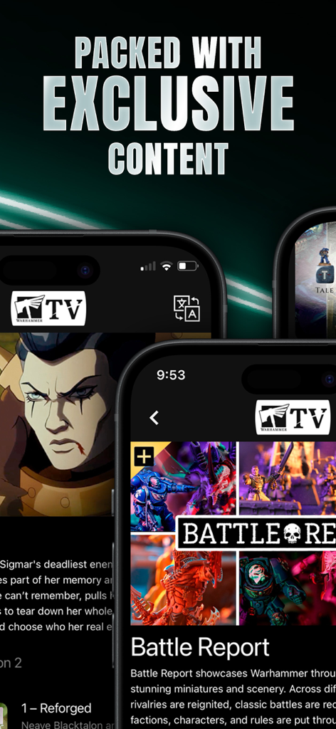 Warhammer TV mobile app displaying exclusive animations and battle reports.
