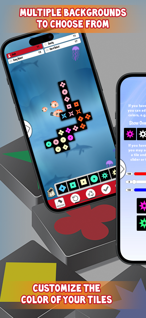Qwirkle - Qwirkle mobile game screens showing custom underwater background and tile color customization options