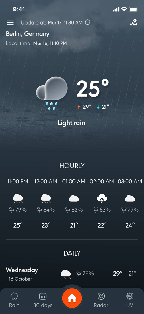 Interface of a weather app showing rain forecast and hourly updates for Berlin