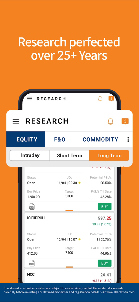 Mirae Asset Sharekhan App - Mirae Asset Sharekhan App research screen showing equity investment options and market analysis for intraday and long term trading