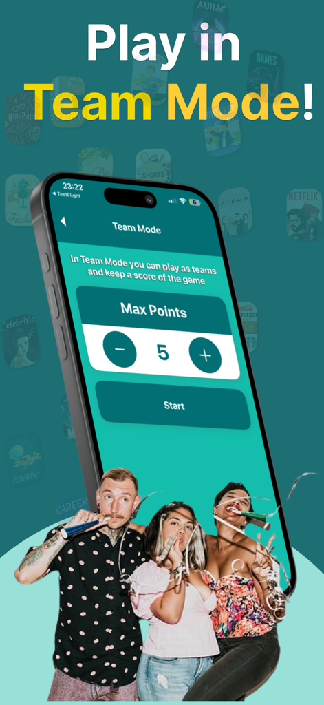 Hot Phrase app screen showing team mode configuration for a party game with friends