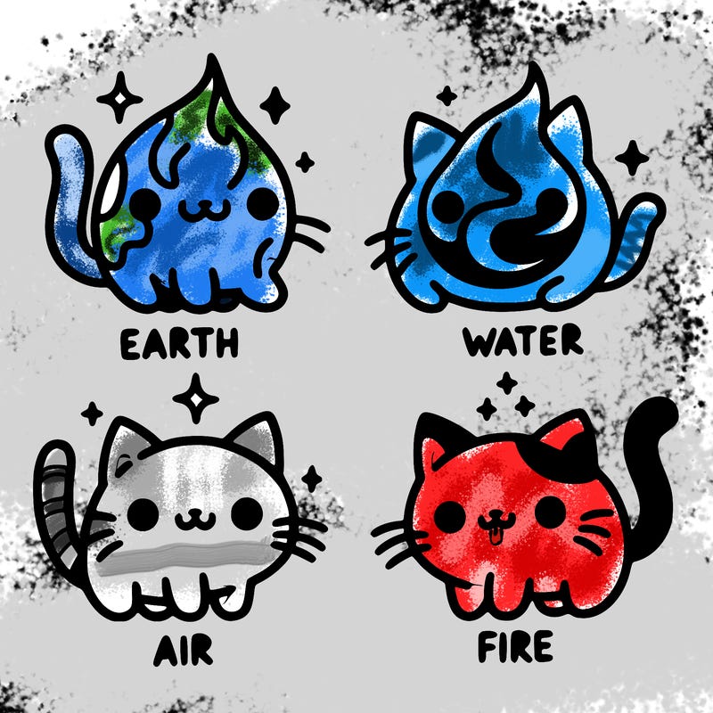 4 cats that represent the different elements, earth, water, air, and fire