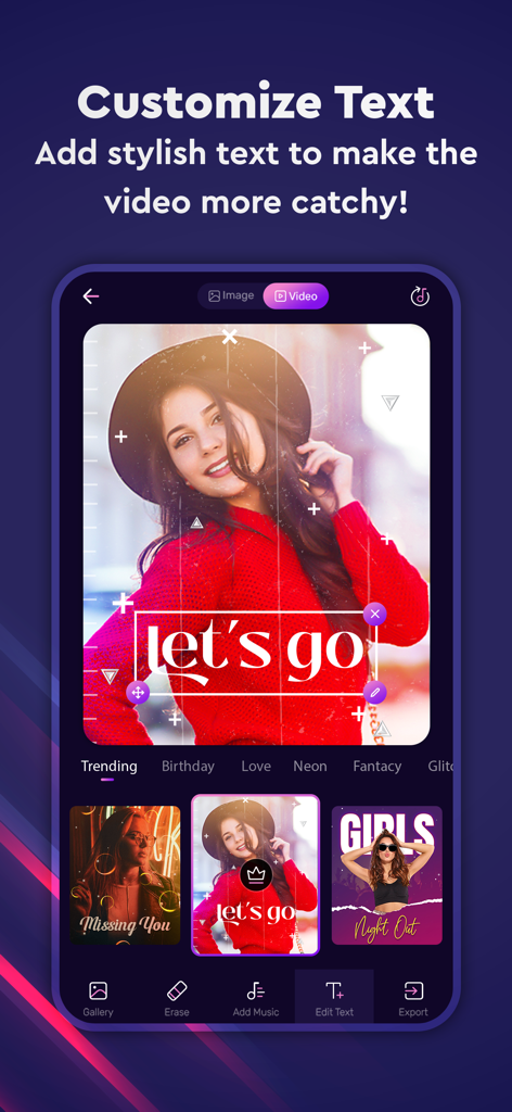 Photo to Video Maker With Song - Pixpoz mobile app screen showing options to add stylish text to photo videos