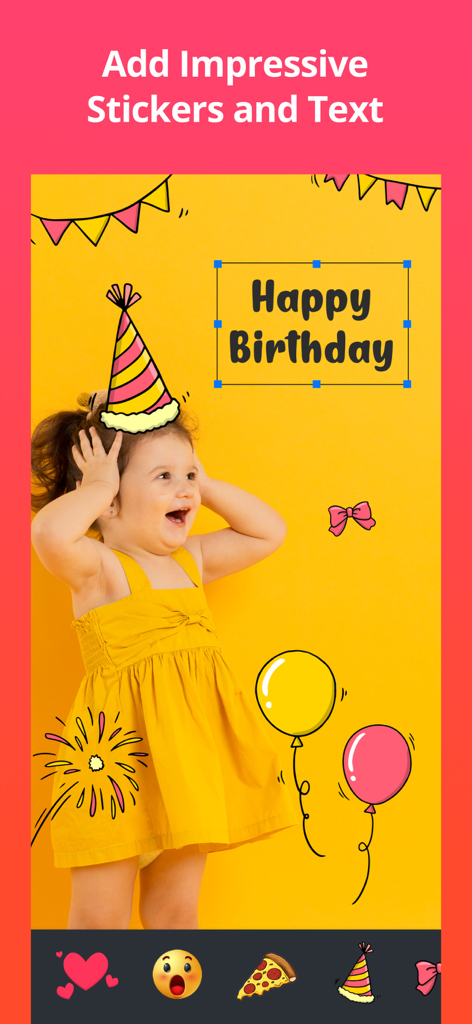 Video Plus - Music Editor Crop - Interface of Video Plus app showing Happy Birthday stickers and text overlay on a video