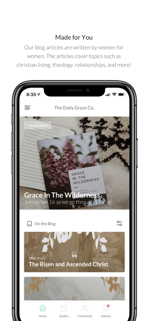 The Daily Grace Co. - The Daily Grace Co. app screen showing Christian blog articles and Bible study plans for women