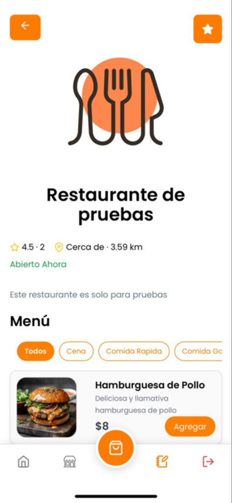 Riko App - Pantalla móvil de Riko App mostrando el menú de un restaurante con una hamburguesa de pollo