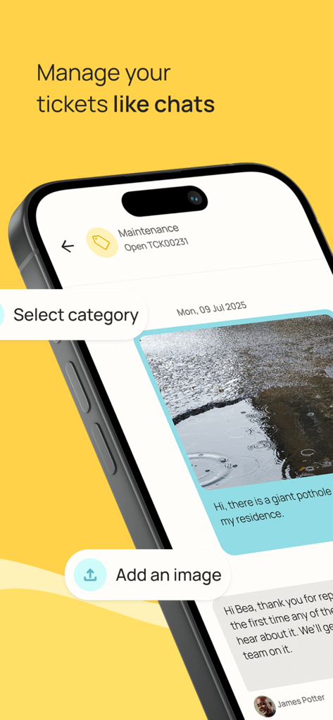 My Estate Life - Mobile app screen showing a maintenance ticket managed through a chat interface with a pothole photo report.