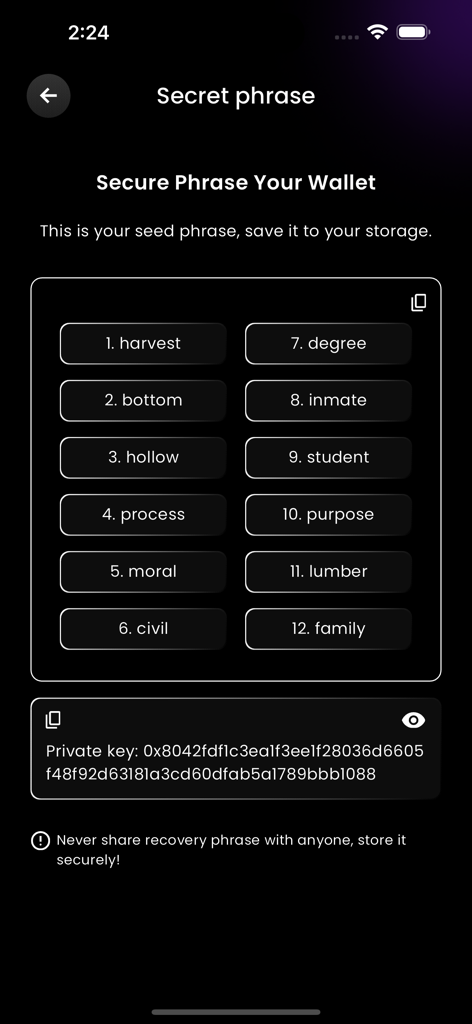 mobiNODE - Tela do aplicativo mobiNODE mostrando uma frase secreta de recuperação de doze palavras e chave privada para segurança da carteira