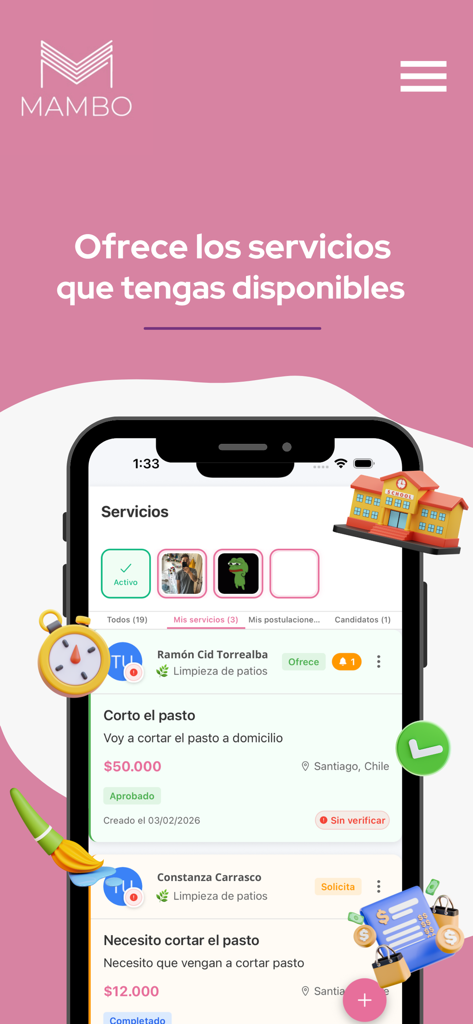 Mambo App - Mambo App interface showing a list of service offers and requests for local freelance work like lawn mowing.