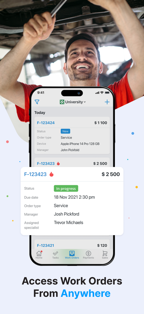 RO.app - Mobile app interface showing service work order details with a technician working on a car in the background