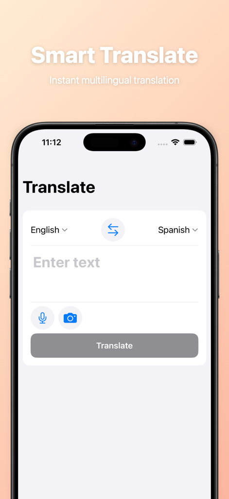 Global Translate-AI Translator - Global Translate-AI Translator app interface featuring text voice and photo translation options with English and Spanish language selection
