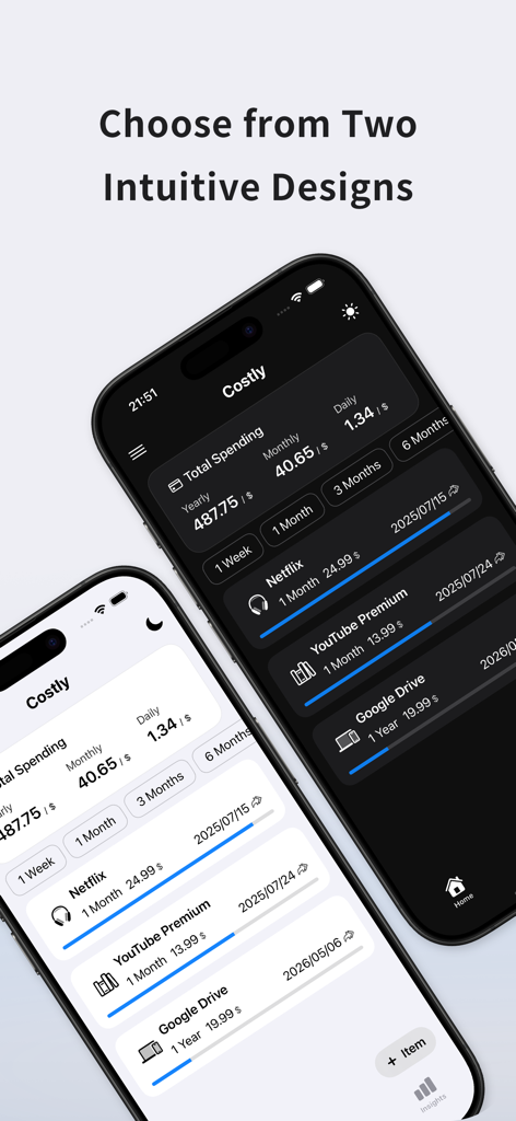 Costly : Subscription Tracker - Side-by-side comparison of Costly app interface in light and dark modes showing subscription management and spending totals.