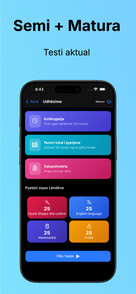 Semi + Matura Kosovë - Screenshot of the Semi + Matura Kosovë app showing test instructions such as duration, total questions, passing score, and subject distribution for the Matura exam.