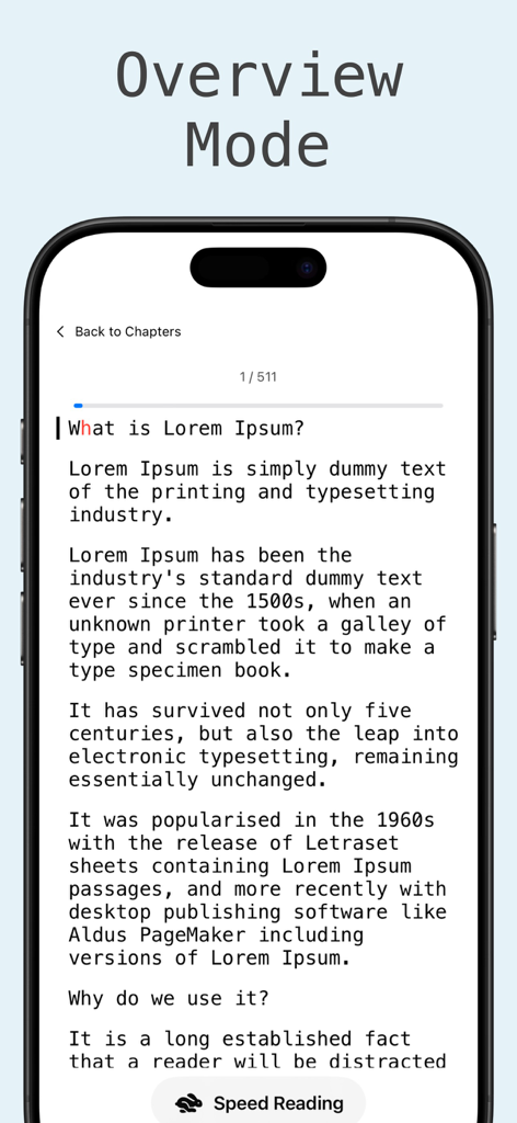 Glance - Epub Speed Reader - Overview mode in the Glance speed reader app showing a minimalist reading interface
