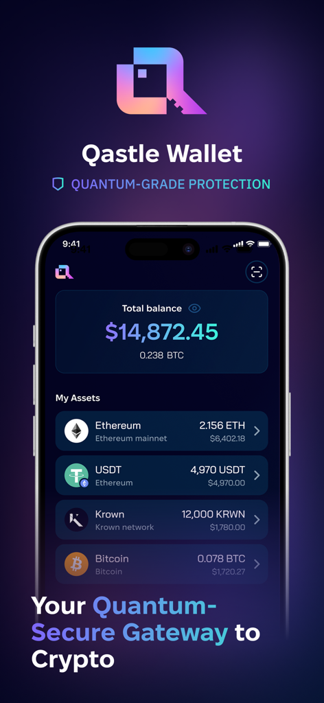 Interfaccia dell'app Qastle Wallet che mostra un portafoglio di criptovalute con un saldo totale e asset come Bitcoin ed Ethereum