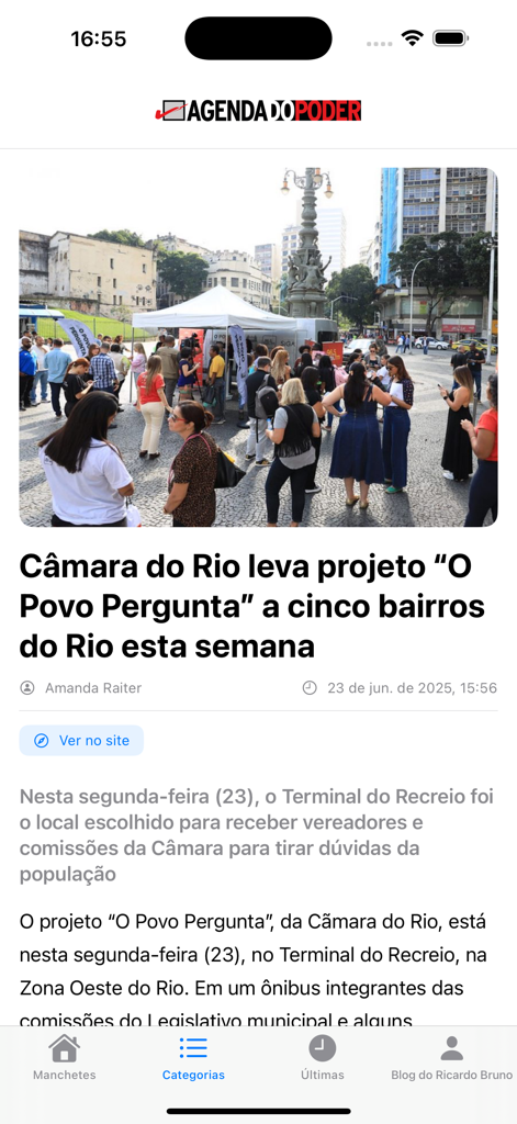 Agenda do Poder mobile app displaying a political news article about a public engagement project in Rio de Janeiro.