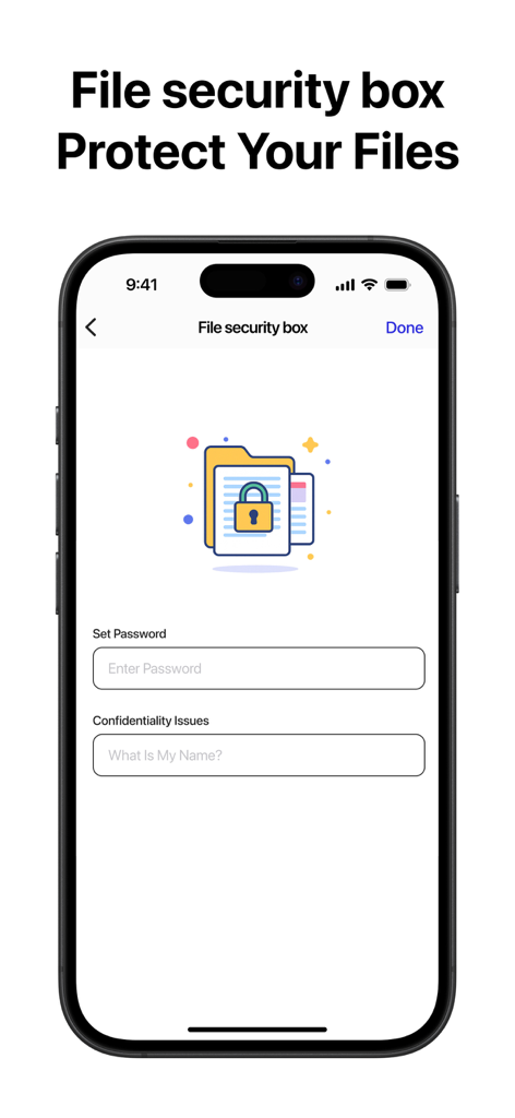 Zip & RAR & 7z File Extractor - Écran de smartphone montrant la fonction de boîte de sécurité de fichier pour la protection par mot de passe