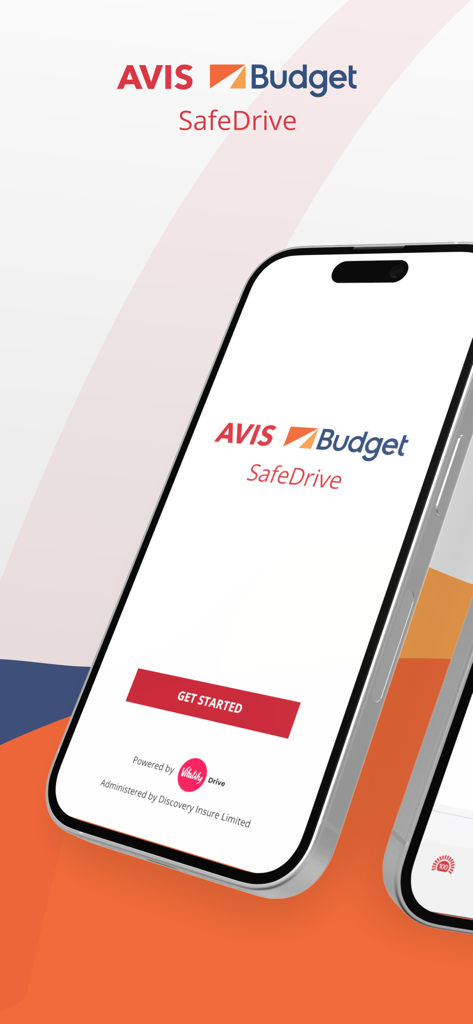 AvisBudget SafeDrive app home screen on a smartphone showing the Get Started button and branding