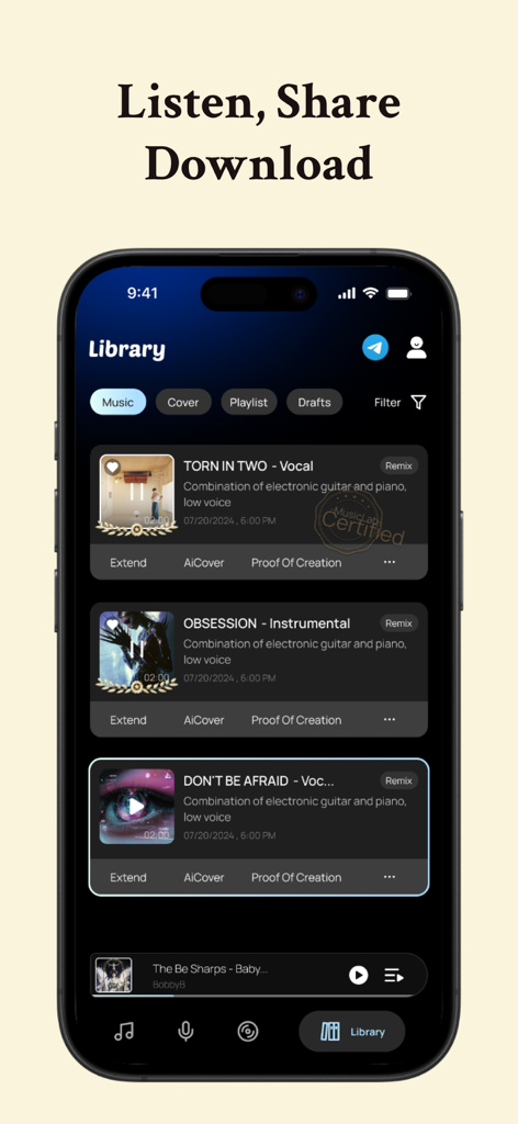 A mobile interface of the MusicLab app library showing a list of generated AI songs with options to extend cover and view proof of creation