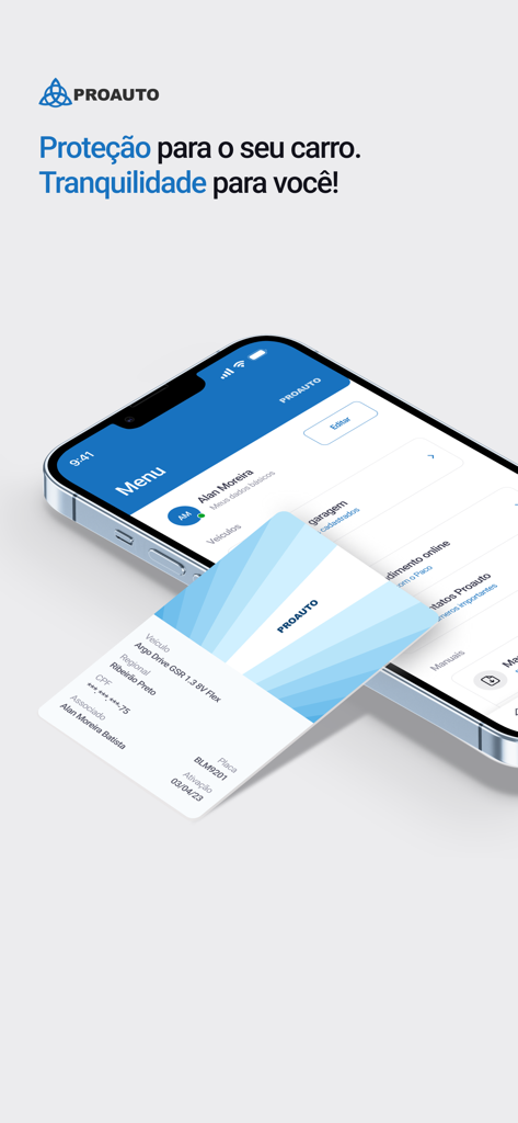 Interfaccia dell'app PROAUTO su uno schermo di smartphone che mostra il menu e una tessera virtuale per la protezione veicolare