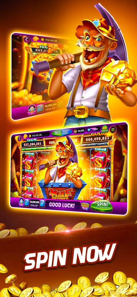 A cartoon gold miner holding a large gold nugget next to a mining themed slot machine with the text Spin Now.
