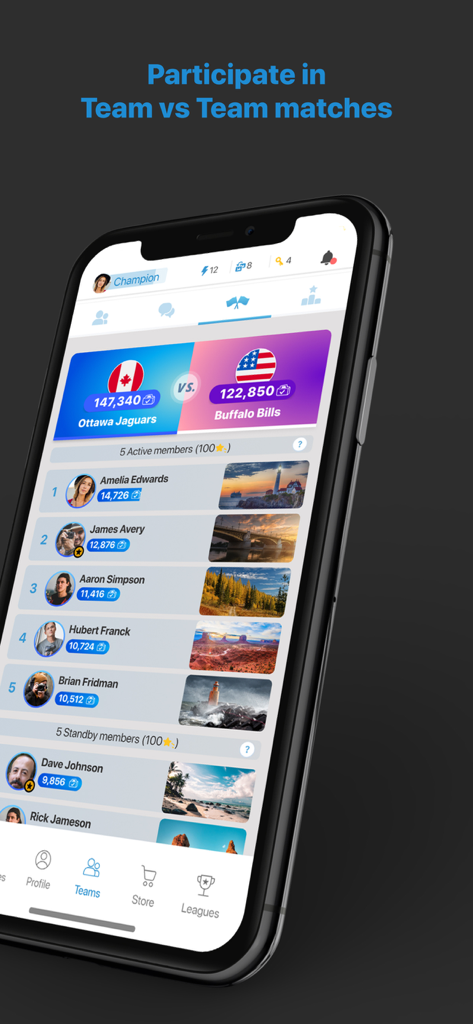 GuruShots: Photography Game - GuruShots mobile app screen showing a photography team vs team competition and leaderboard