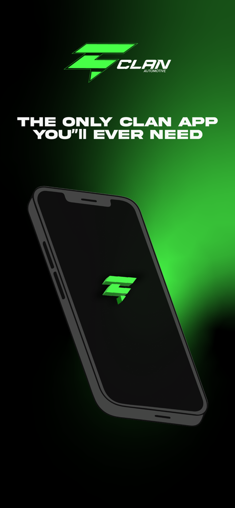 CLAN Automotive - Pantalla de inicio de la aplicación móvil CLAN Automotive con el logotipo de la marca y el eslogan de marketing en un smartphone.