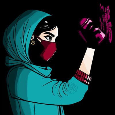 realistic girl with mask spray painting a wall