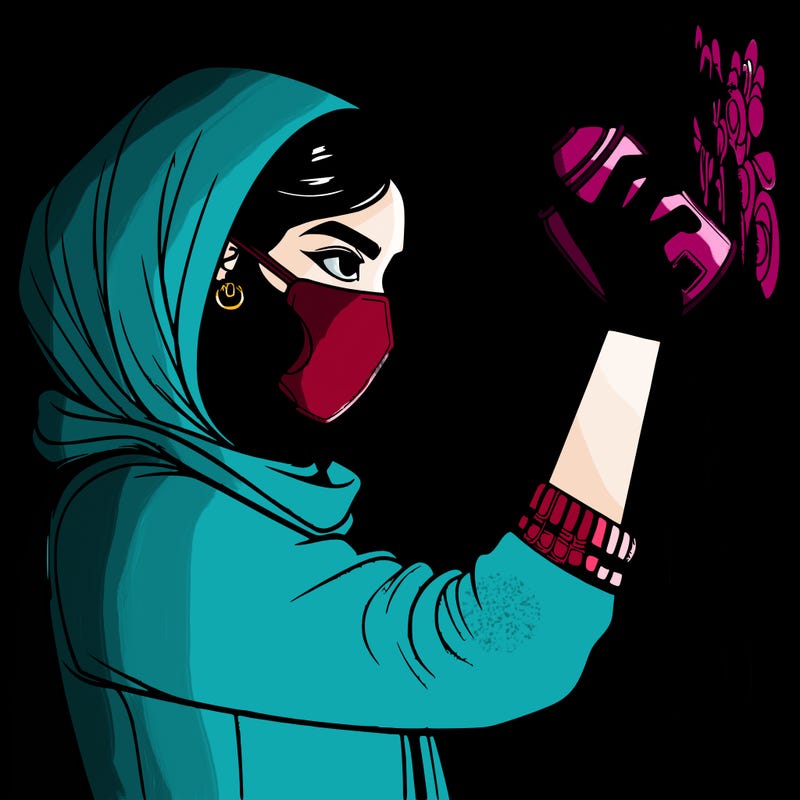 realistic girl with mask spray painting a wall