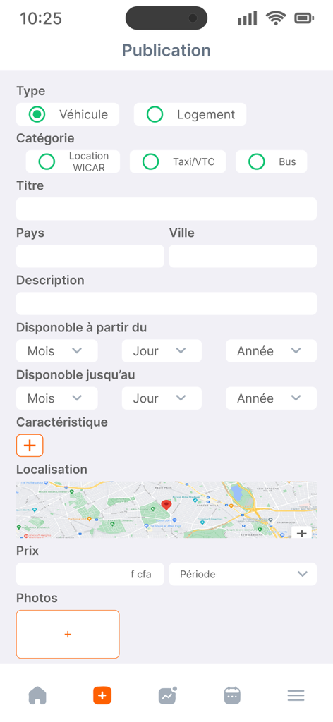 User interface of the Loomi app showing a form to publish a vehicle or housing listing for rent