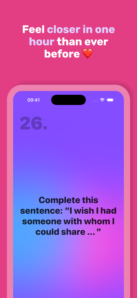 36 Questions To Fall In Love! - Pantalla de smartphone mostrando una pregunta para construir intimidad de la aplicación 36 Questions to Fall In Love en un degradado de morado a azul.