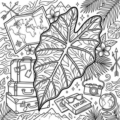Immerse yourself in a lush tropical getaway with this unique Alocasia leaf coloring page. It beautifully combines exotic plant life with exciting vacation travel themes, inviting you to add your personal splash of color.